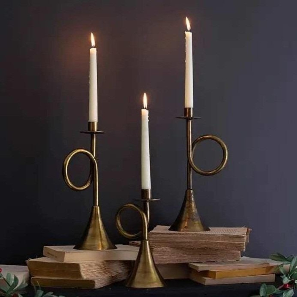 Antique Brass French Horn Taper Candle Holder Set 3 Vintage Style Candlesticks